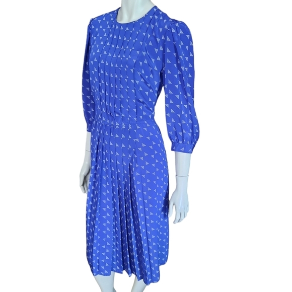 Vintage 80s Small Office Dress Pleated Bodice & Skirt Modest Day Elastic Waist - Picture 3 of 10